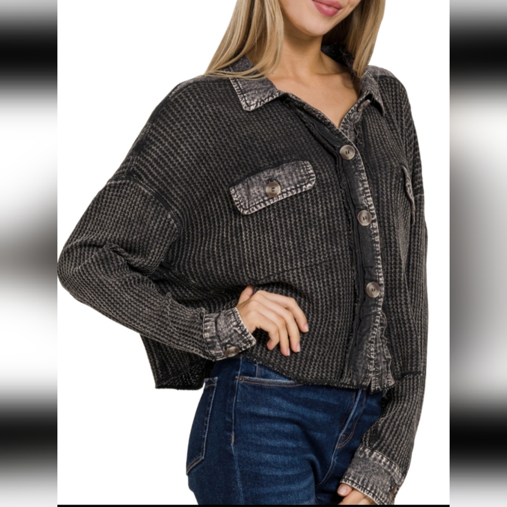 Cropped mineral washed waffle texture